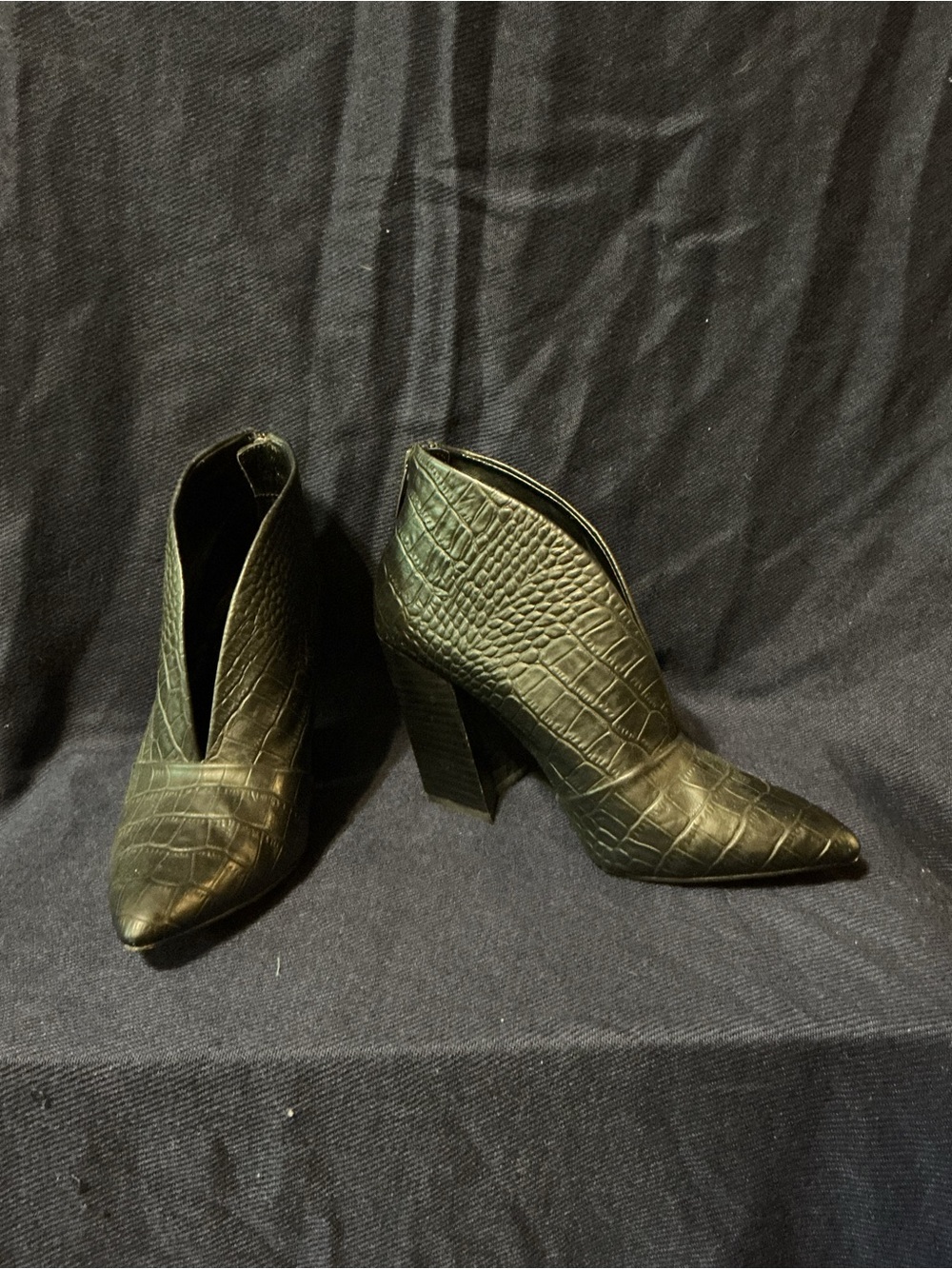Vince Camuto Black Croc-Embossed Pointed Ankle Booties
